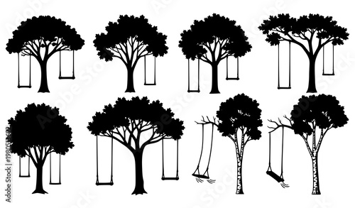 Tree silhouette swing vector set nostalgic forest children play decorative nature illustration