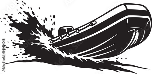 Inflatable speedboat, rubber dinghy, black and white vector, nautical icon, speed boat