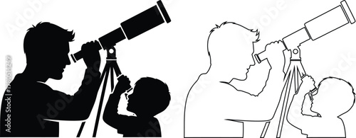 Adult and child using telescope together for stargazing activity