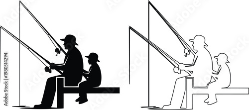 Two People Fishing Silhouettes Sitting On Bench Near Water