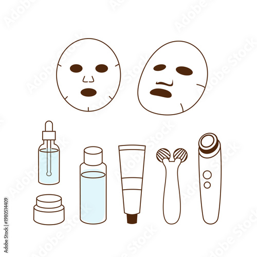Skincare icons set with facial sheet masks and cosmetic products, minimal line illustration