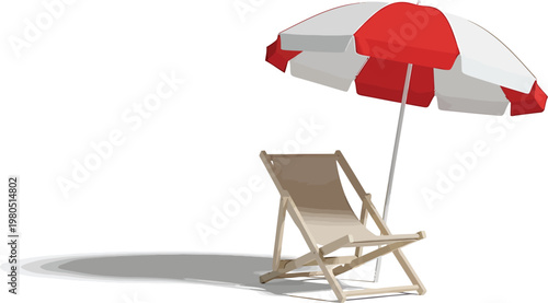 Beach Chair Under Red White Umbrella Isolated