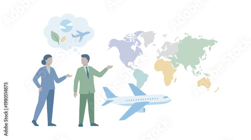 Two business professionals discuss global travel and sustainable aviation in front of a world map with an airplane.
