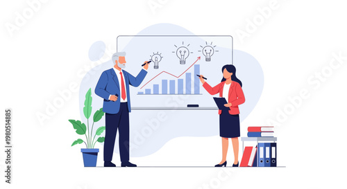 Two business professionals discuss global travel and sustainable aviation in front of a world map with an airplane.