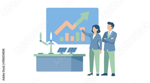 Two business professionals discuss global travel and sustainable aviation in front of a world map with an airplane.