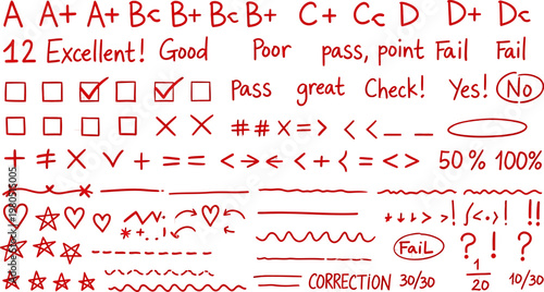 Hand-drawn education marks vector set. School grades, feedback symbols, checkmarks, arrows, correction lines, stars, and hearts for teacher assessment and student evaluation, isolated on transparent.