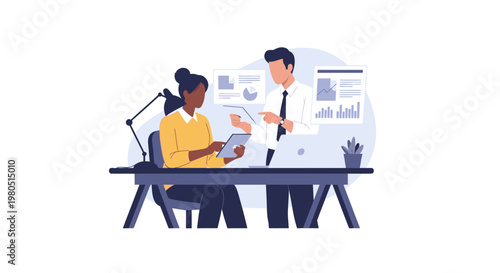 Two business professionals discuss global travel and sustainable aviation in front of a world map with an airplane.