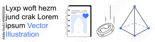 Business analytics, finance, education, modern design, creativity, 3D concepts. Notebook with heart icon, geometric pyramid and falling coin. Business analytics and finance