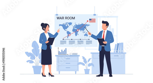 Two professionals in a war room setting, presenting a world map with strategic points and data visualizations.