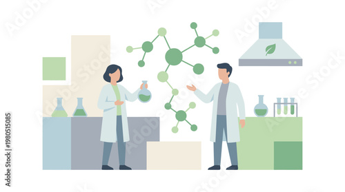 Scientists in a laboratory setting, examining molecular structures and conducting experiments with beakers and flasks.
