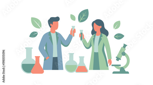 Two scientists in lab coats holding test tubes, surrounded by scientific equipment and green leaves, symbolizing research and nature.