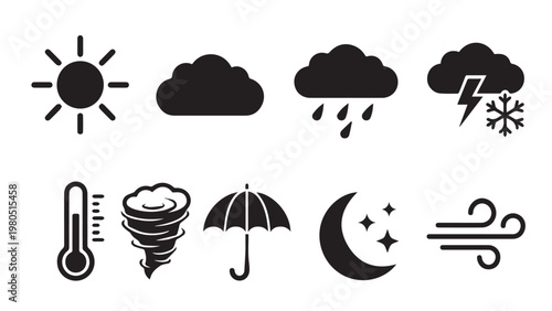Weather and Meteorology Icon Set - Isolated Flat Vector Black Silhouette Graphic Resource