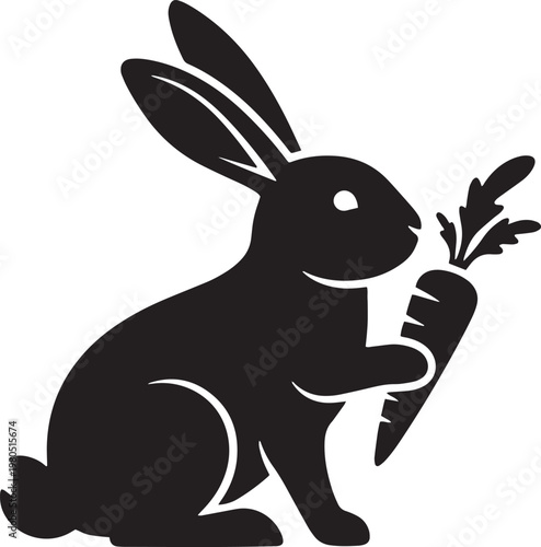 Black rabbit silhouette, cute bunny icon, vegetable eater, carrot holder