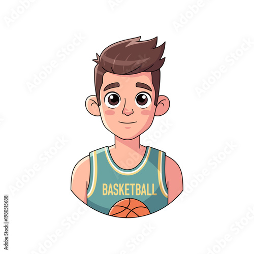 Cartoon teenage boy wearing basketball jersey with a basketball