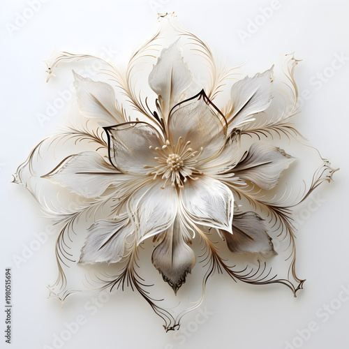 Intricate floral bloom featuring delicate layered paper petals and slender golden filigree tendrils arranged in a symmetrical mandala pattern to create a sophisticated decorative element that captures