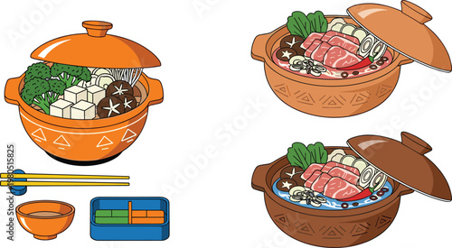 Traditional Japanese Hot Pot Illustration Set Featuring Clay Pot Nabemono with Meat Vegetables Tofu and Mushrooms in Authentic Cuisine Style Isolated on White Background