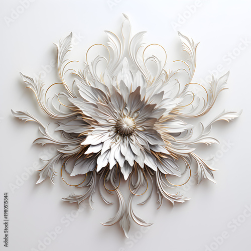 Elegant floral ornamental sculpture featuring intricate white layered petals with delicate gold accents radiating outward in a symmetrical circular composition that demonstrates masterful craftsmanshi