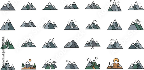 Diverse collection of minimalist mountain icons: flat design illustrations featuring snowy peaks, rivers, forests, sun for nature, travel, adventure themes. Transparent background.