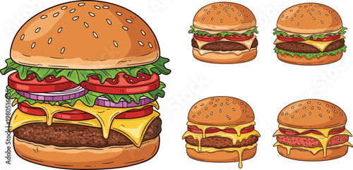 Juicy Cheeseburger Illustration Set Featuring Different Burger Variations with Lettuce Tomato Cheese and Beef Layers in Fast Food Style Isolated on White Background