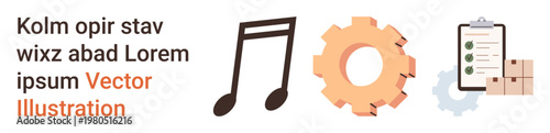 Business processes, workflow management, efficiency, data visualization, teamwork, productivity. Music note, gear and checklist icons with boxes. Workflow management and efficiency concepts