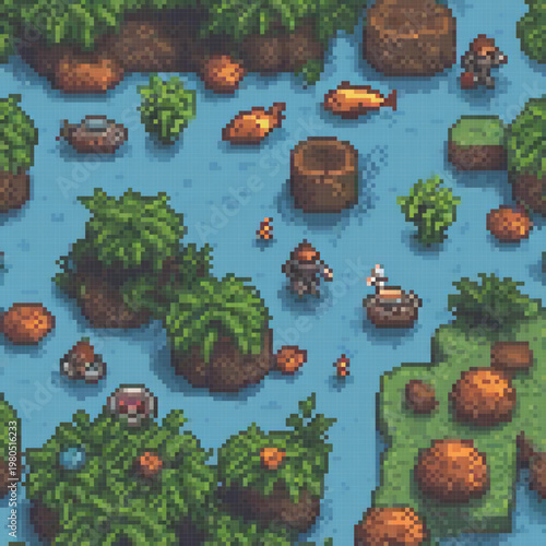 A pixel art scene depicts a man in a boat, surrounded by various fish and aquatic creatures, with a background of trees and rocks.