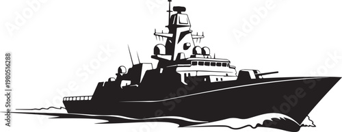 Warship, naval vessel, military ship, destroyer, black silhouette, vector illustration