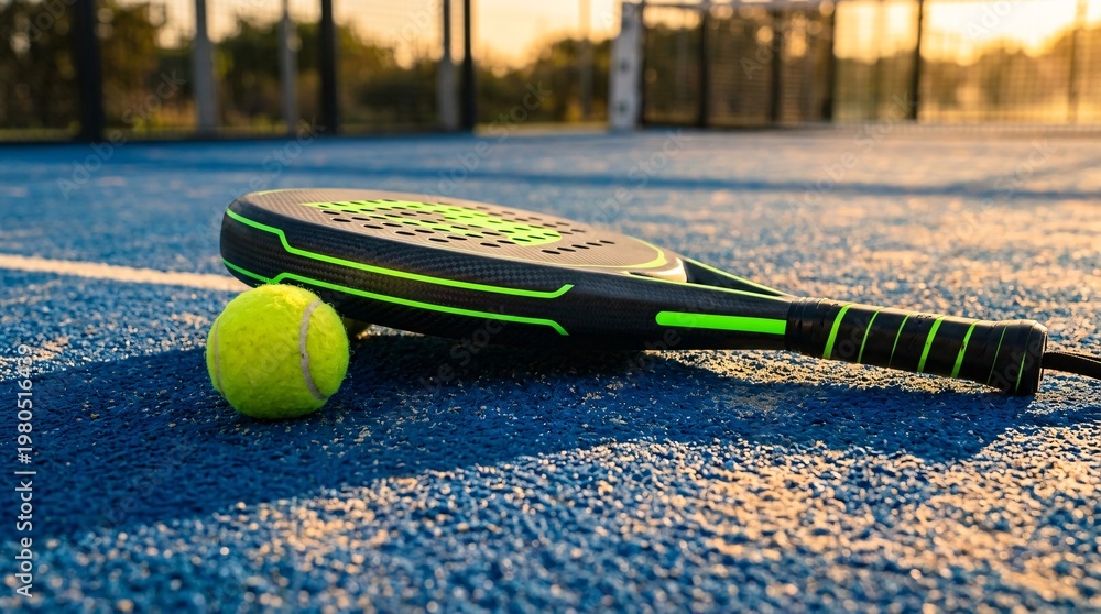 Obraz premium Sleek carbon fiber padel racket with neon green accents and bright yellow tennis ball on vibrant blue outdoor court during golden hour.