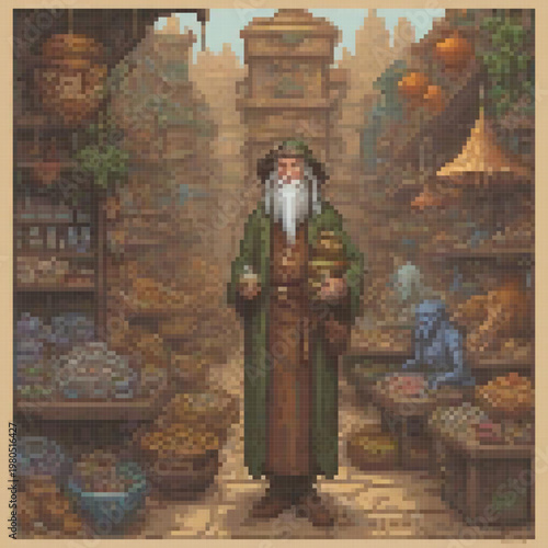 An old wizard stands in a bustling market, surrounded by various items and creatures.