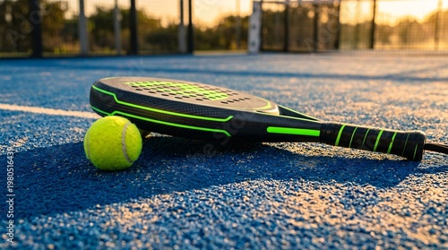 Sleek carbon fiber padel racket with neon green accents and bright yellow tennis ball on vibrant blue outdoor court during golden hour.