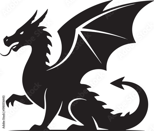 Black dragon silhouette, mythical creature icon, fantasy beast logo, monster symbol