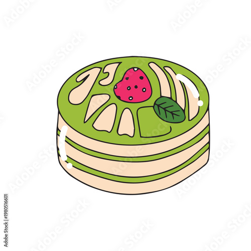 Black line strawberry cake with cream and chocolate on a plate