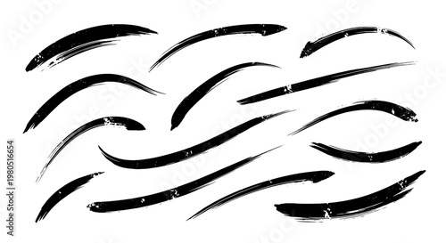 Arrows hand drawn set with black curved lines and grunge textures, abstract motion swooshes featuring brush strokes, vector, illustration with