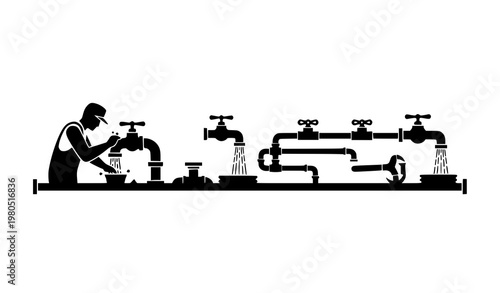 Minimal plumber plumbing silhouette scene pipe repair maintenance tools vector illustration
