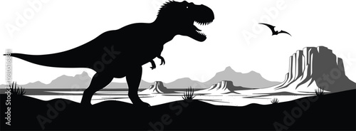 Tyrannosaurus Rex Walking on Mountain Landscape with Pterodactyls