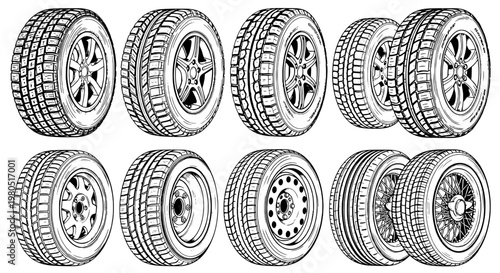 Tires car wheel set with different designs and patterns featuring automotive, vehicle, transportation with wheels and rubber elements for rims,