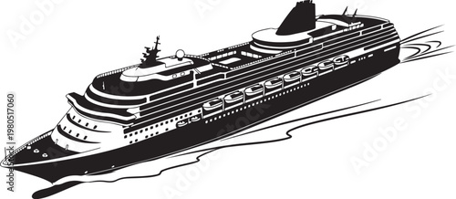 Luxury Cruise Ship, Ocean Liner, Black and White Vector, Nautical Illustration, Travel Icon