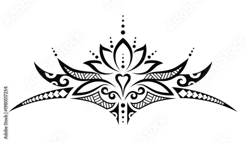 Bold tribal lotus tattoo design inspired by Polynesian and Maori art traditions. Strong symmetrical composition with sharp ornamental elements, perfect for tattoo flash, body art, stencil design and i