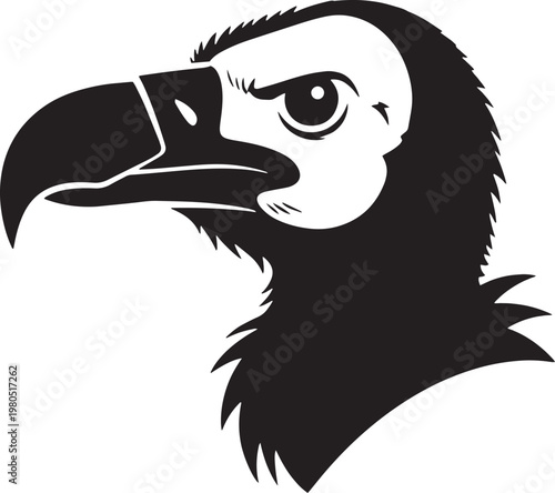Black vulture head, bird of prey icon, wildlife symbol, vector illustration