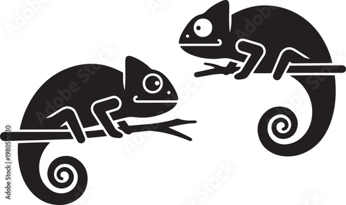 Black chameleon icons, chameleon silhouettes, animal graphics, reptile illustrations, vector set