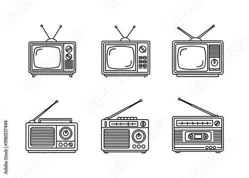 Retro Media Equipment Line Icons Set Including Vintage Television Sets and Portable Radio Receivers Isolated on White Background Analog Technology Vector Elements