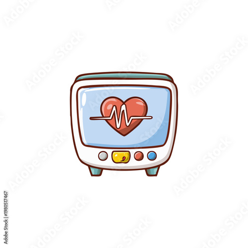 Cartoon electrocardiograph monitor displaying a heartbeat on a bright red heart shape with a lifeline graph on a white background