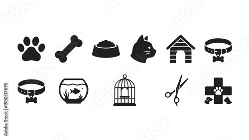 Pet and Animal Care Icon Set - Isolated Flat Vector Black Silhouette Graphic Resource
