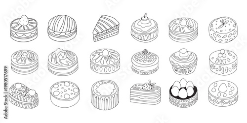 Set of coloring page  miniature cakes, perfect for decorative confectionery design elements in a charming collection. multi-layered cake