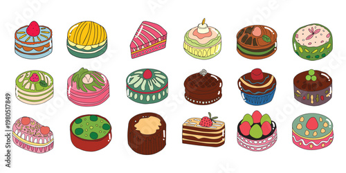 A delightful assortment of vibrant line art sweet treats and miniature cakes, perfect for decorative confectionery design elements in a charming collection