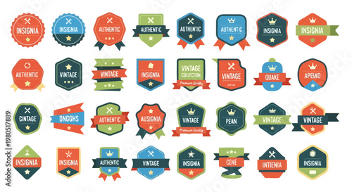 Vintage badge collection with 32 retro insignia vectors, colorful authentic quality labels and premium product ribbons for branding