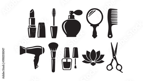 Beauty and Cosmetics Icon Set - Isolated Flat Vector Black Silhouette Graphic Resource