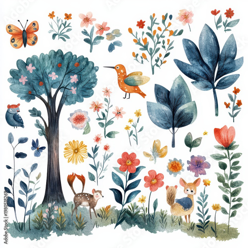 Watercolor forest animal flower leaf cute woodland floral nature spring garden botanical illustration whimsical design children art nursery decor fairytale scene colorful pattern watercolor forest