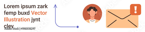 Email communication, messaging alerts, notification systems, correspondence, usability concepts, modern design. User profile with an envelope and alert icon. Email communication and messaging alerts