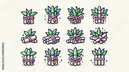 Cute Cartoon Sugarcane Bundle Collection with Green Leaves and Rope Bow Tie, Set of Twelve Fresh Sugar Cane Stalk Icons Illustration