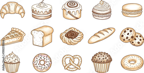 Bakery food vector set with croissant bread cake donut cookies cupcake and pastry hand drawn illustration collection